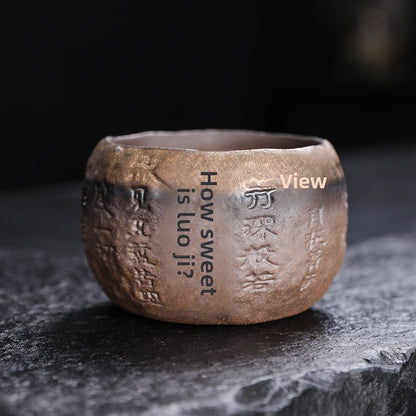 Rustic Hand-Thrown Tea Cup with Sanskrit Inscription, Metallic Glaze, Unique Ceramic Yunomi for Mindful Tea Drinking