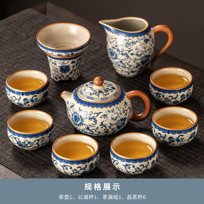 Celestial Glow Porcelain Tea Set: Blue & Gold on Ru Kiln Crackle