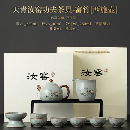 Blue and White Ru Kiln Tea Set Household Kung Fu Tea Set - Chinese Ceramic Tea Utensils Full Set - Tea Tray Tea Cup Teapot Combination