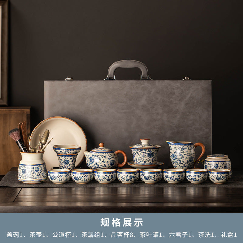 Celestial Glow Porcelain Tea Set: Blue & Gold on Ru Kiln Crackle