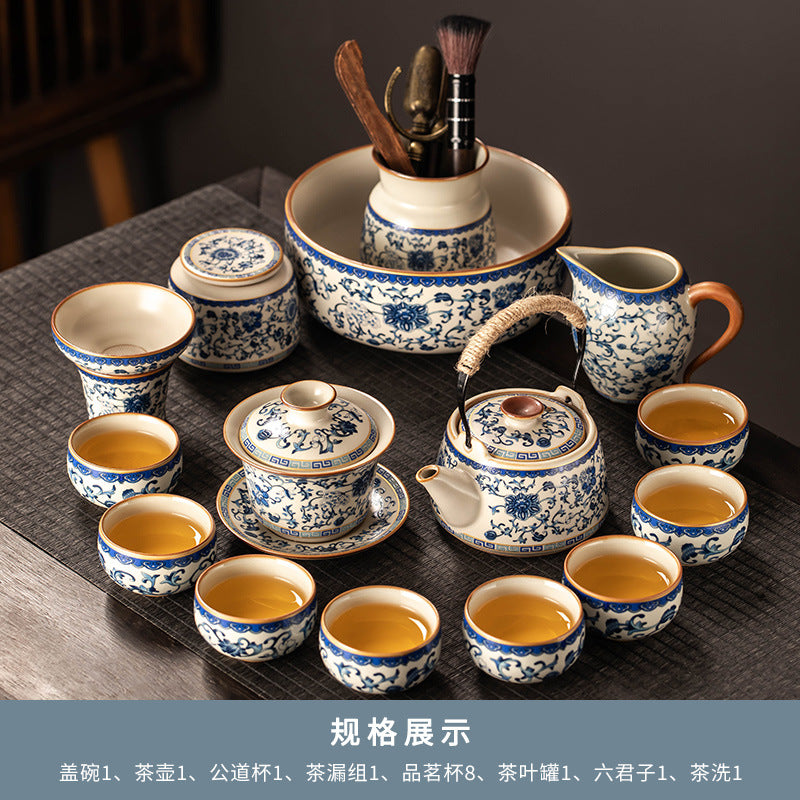 Celestial Glow Porcelain Tea Set: Blue & Gold on Ru Kiln Crackle