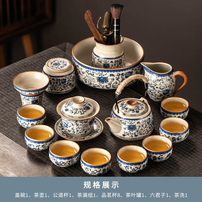 Celestial Glow Porcelain Tea Set: Blue & Gold on Ru Kiln Crackle