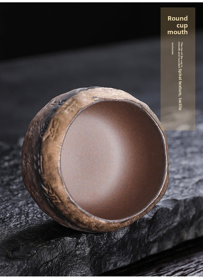 Rustic Hand-Thrown Tea Cup with Sanskrit Inscription, Metallic Glaze, Unique Ceramic Yunomi for Mindful Tea Drinking