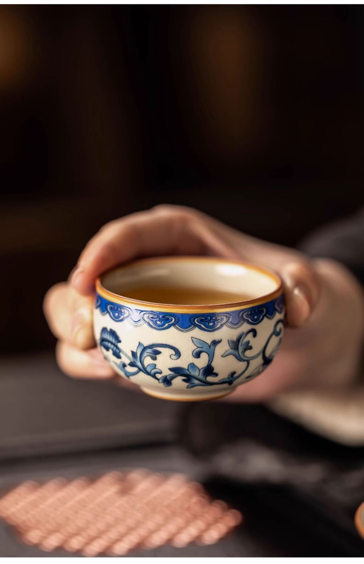 Celestial Glow Porcelain Tea Set: Blue & Gold on Ru Kiln Crackle