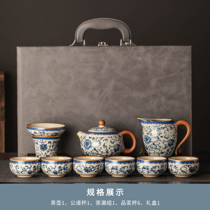 Celestial Glow Porcelain Tea Set: Blue & Gold on Ru Kiln Crackle