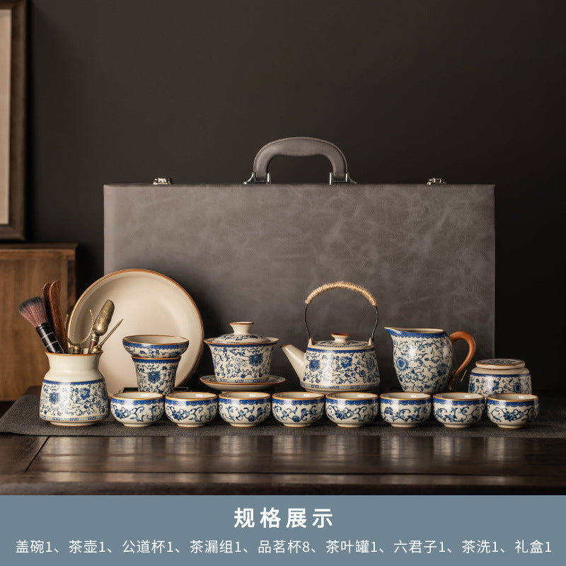 Celestial Glow Porcelain Tea Set: Blue & Gold on Ru Kiln Crackle