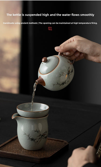 Blue and White Ru Kiln Tea Set Household Kung Fu Tea Set - Chinese Ceramic Tea Utensils Full Set - Tea Tray Tea Cup Teapot Combination