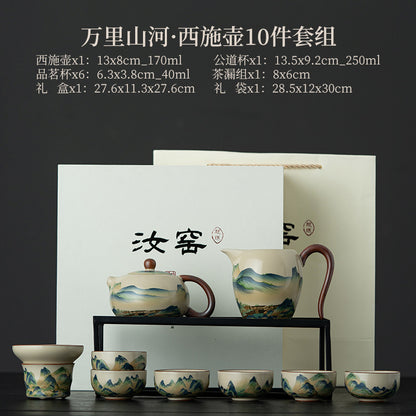 Blue and White Ru Kiln Tea Set Household Kung Fu Tea Set - Chinese Ceramic Tea Utensils Full Set - Tea Tray Tea Cup Teapot Combination