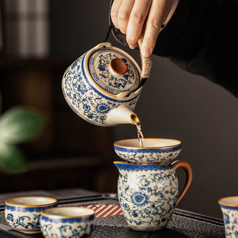 Celestial Glow Porcelain Tea Set: Blue & Gold on Ru Kiln Crackle