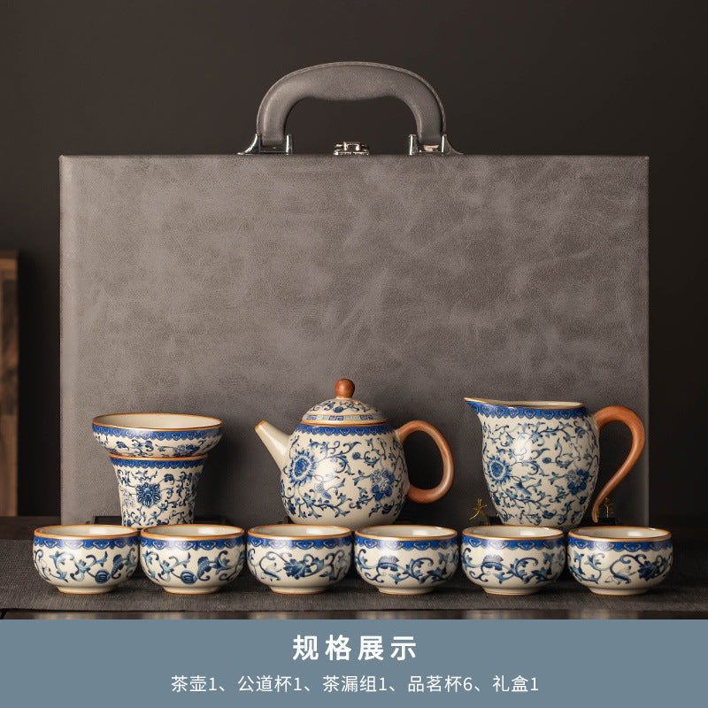 Celestial Glow Porcelain Tea Set: Blue & Gold on Ru Kiln Crackle
