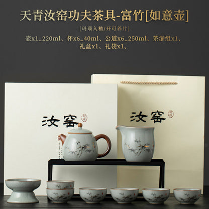Blue and White Ru Kiln Tea Set Household Kung Fu Tea Set - Chinese Ceramic Tea Utensils Full Set - Tea Tray Tea Cup Teapot Combination