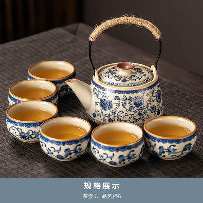 Celestial Glow Porcelain Tea Set: Blue & Gold on Ru Kiln Crackle