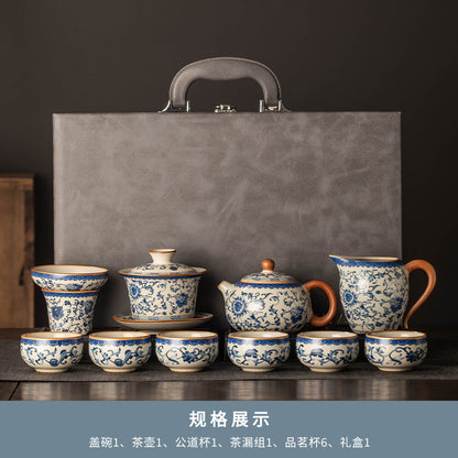 Celestial Glow Porcelain Tea Set: Blue & Gold on Ru Kiln Crackle