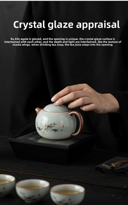 Blue and White Ru Kiln Tea Set Household Kung Fu Tea Set - Chinese Ceramic Tea Utensils Full Set - Tea Tray Tea Cup Teapot Combination