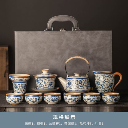Celestial Glow Porcelain Tea Set: Blue & Gold on Ru Kiln Crackle