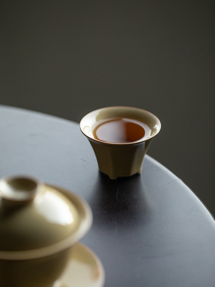 Octagonal Tea Cup, Yellow Porcelain, Ding Kiln Style Ceramic, Chinese Tea Cup, Fine Ceramics