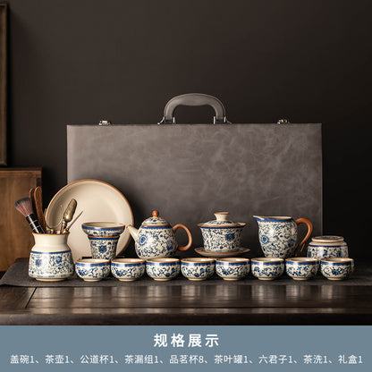 Celestial Glow Porcelain Tea Set: Blue & Gold on Ru Kiln Crackle
