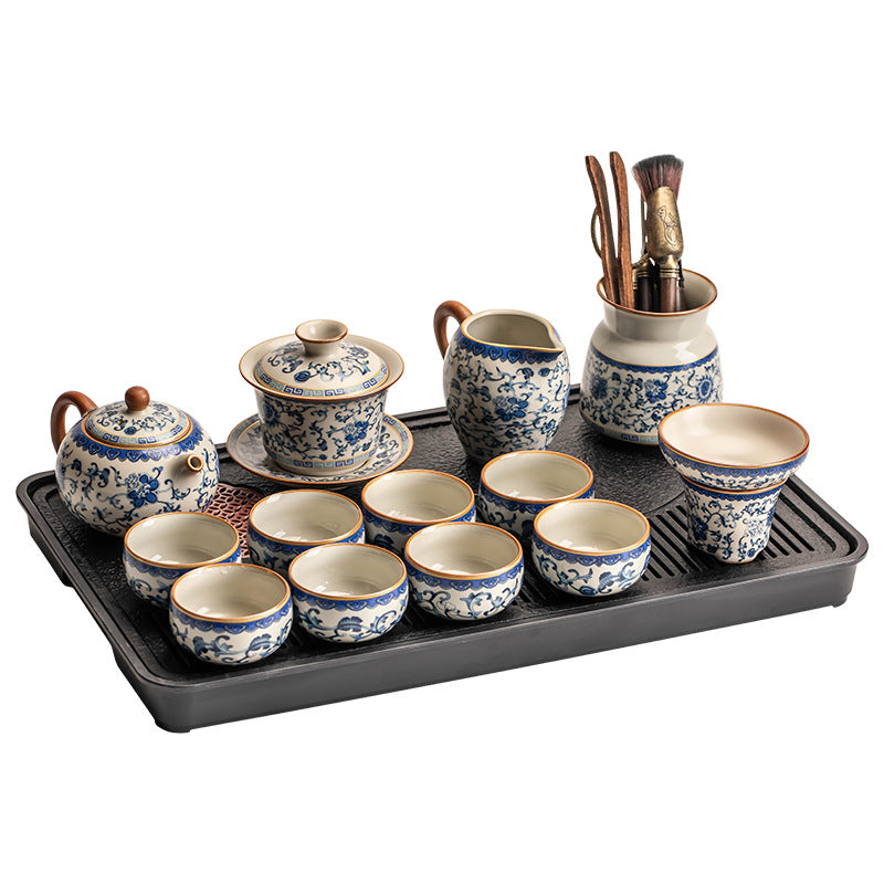 Celestial Glow Porcelain Tea Set: Blue & Gold on Ru Kiln Crackle