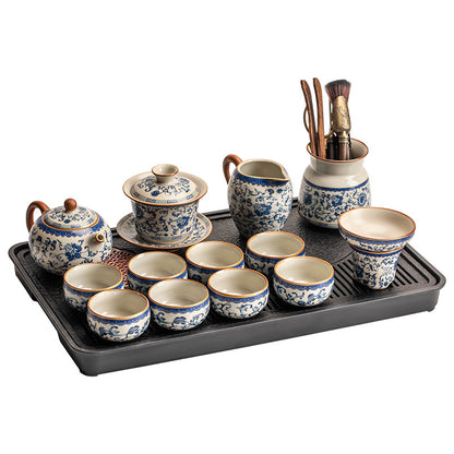 Celestial Glow Porcelain Tea Set: Blue & Gold on Ru Kiln Crackle