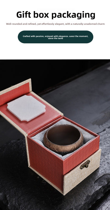 Rustic Hand-Thrown Tea Cup with Sanskrit Inscription, Metallic Glaze, Unique Ceramic Yunomi for Mindful Tea Drinking