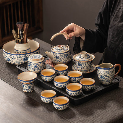Celestial Glow Porcelain Tea Set: Blue & Gold on Ru Kiln Crackle
