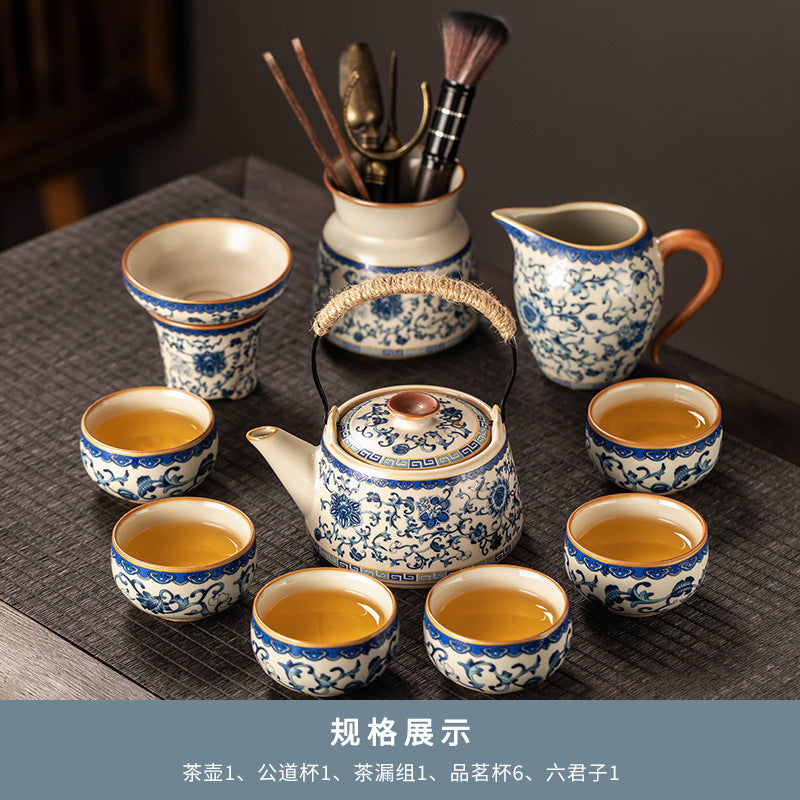 Celestial Glow Porcelain Tea Set: Blue & Gold on Ru Kiln Crackle