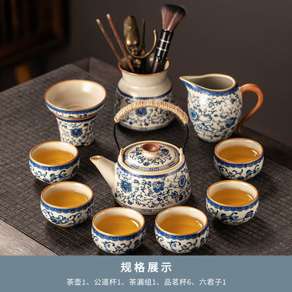 Celestial Glow Porcelain Tea Set: Blue & Gold on Ru Kiln Crackle