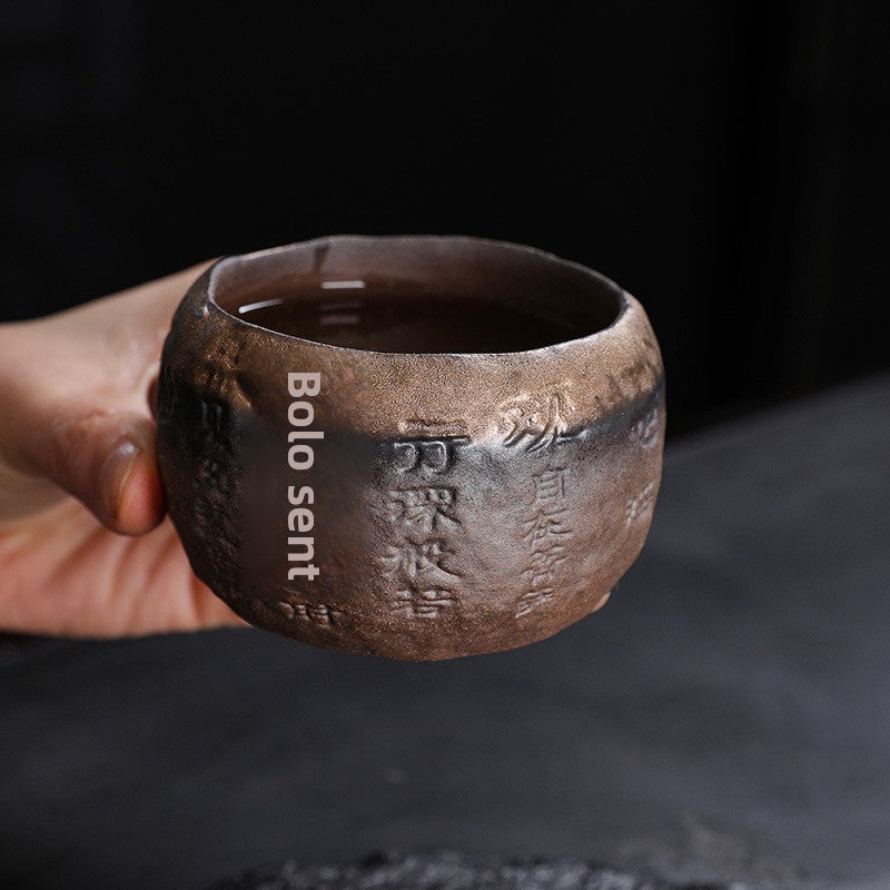 Rustic Hand-Thrown Tea Cup with Sanskrit Inscription, Metallic Glaze, Unique Ceramic Yunomi for Mindful Tea Drinking