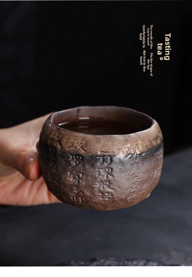 Rustic Hand-Thrown Tea Cup with Sanskrit Inscription, Metallic Glaze, Unique Ceramic Yunomi for Mindful Tea Drinking