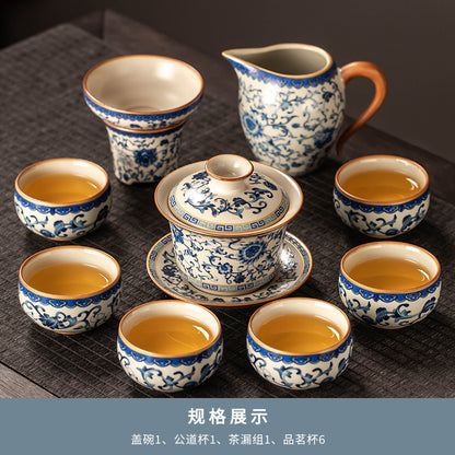 Celestial Glow Porcelain Tea Set: Blue & Gold on Ru Kiln Crackle