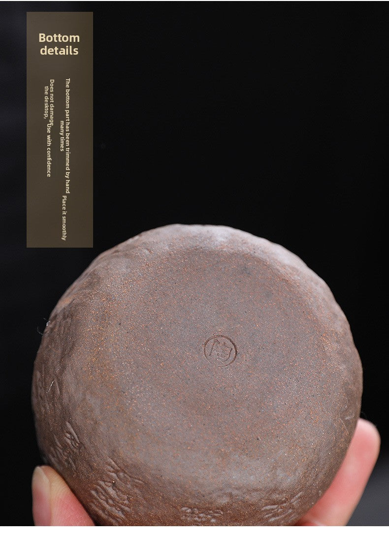 Rustic Hand-Thrown Tea Cup with Sanskrit Inscription, Metallic Glaze, Unique Ceramic Yunomi for Mindful Tea Drinking