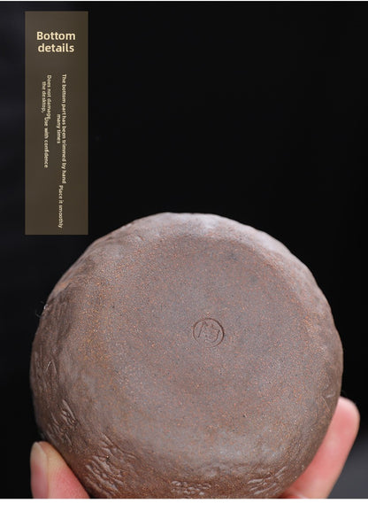 Rustic Hand-Thrown Tea Cup with Sanskrit Inscription, Metallic Glaze, Unique Ceramic Yunomi for Mindful Tea Drinking