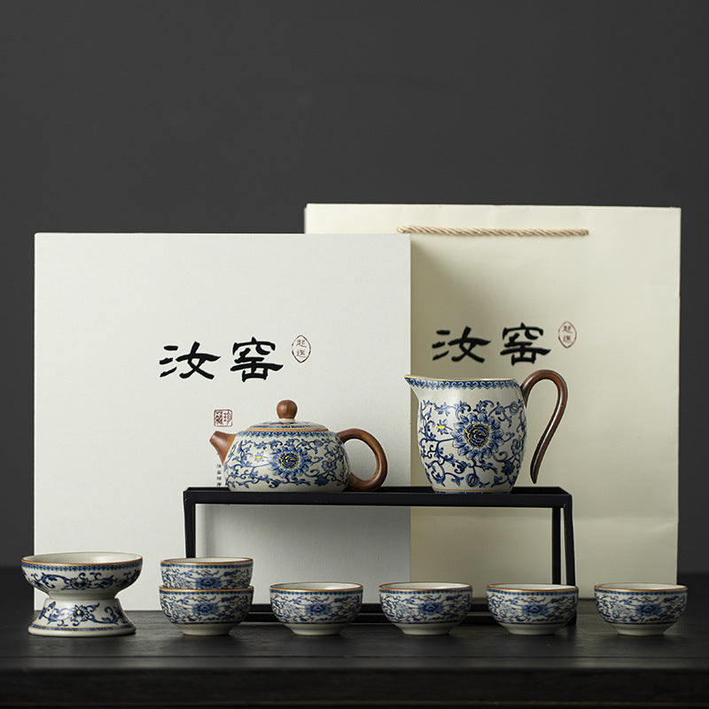 Blue and White Ru Kiln Tea Set Household Kung Fu Tea Set - Chinese Ceramic Tea Utensils Full Set - Tea Tray Tea Cup Teapot Combination