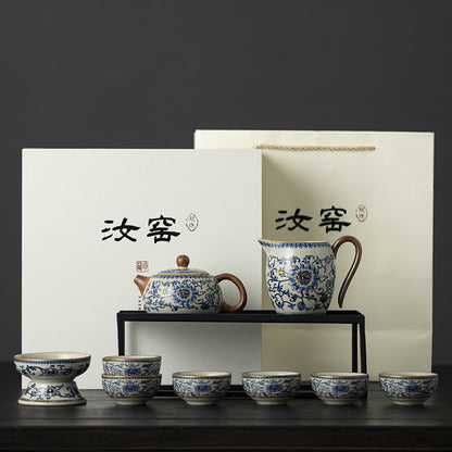 Blue and White Ru Kiln Tea Set Household Kung Fu Tea Set - Chinese Ceramic Tea Utensils Full Set - Tea Tray Tea Cup Teapot Combination