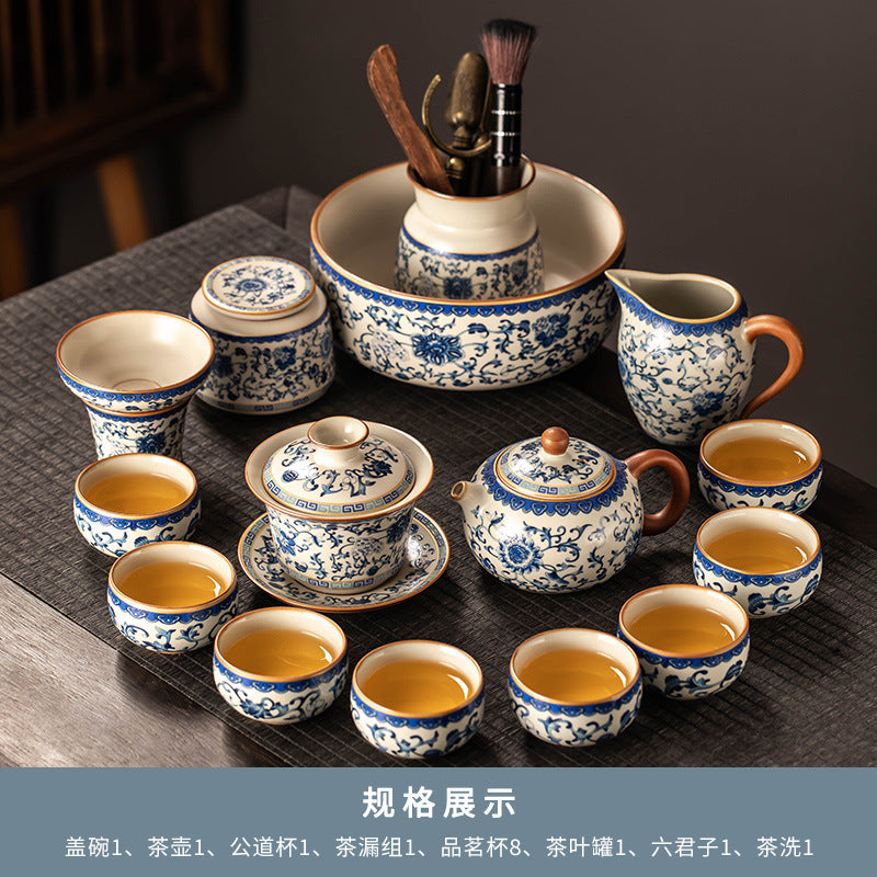 Celestial Glow Porcelain Tea Set: Blue & Gold on Ru Kiln Crackle
