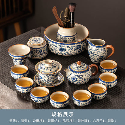 Celestial Glow Porcelain Tea Set: Blue & Gold on Ru Kiln Crackle