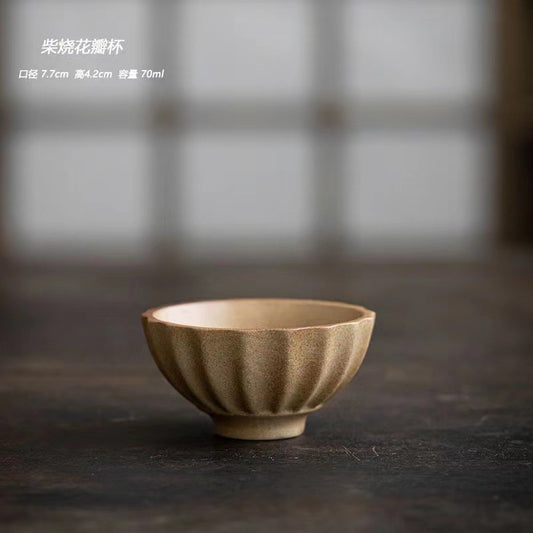 Wood Fired Tea Cup, Handmade Petal Cup, 70ml Yunomi, Anagama Kiln Ceramic, Rustic Teaware